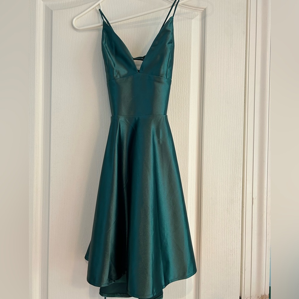Emerald green silk skater dress, cross tie back